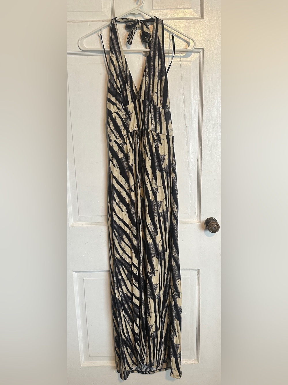 Black & Cream Printed Halter Maxi Dress